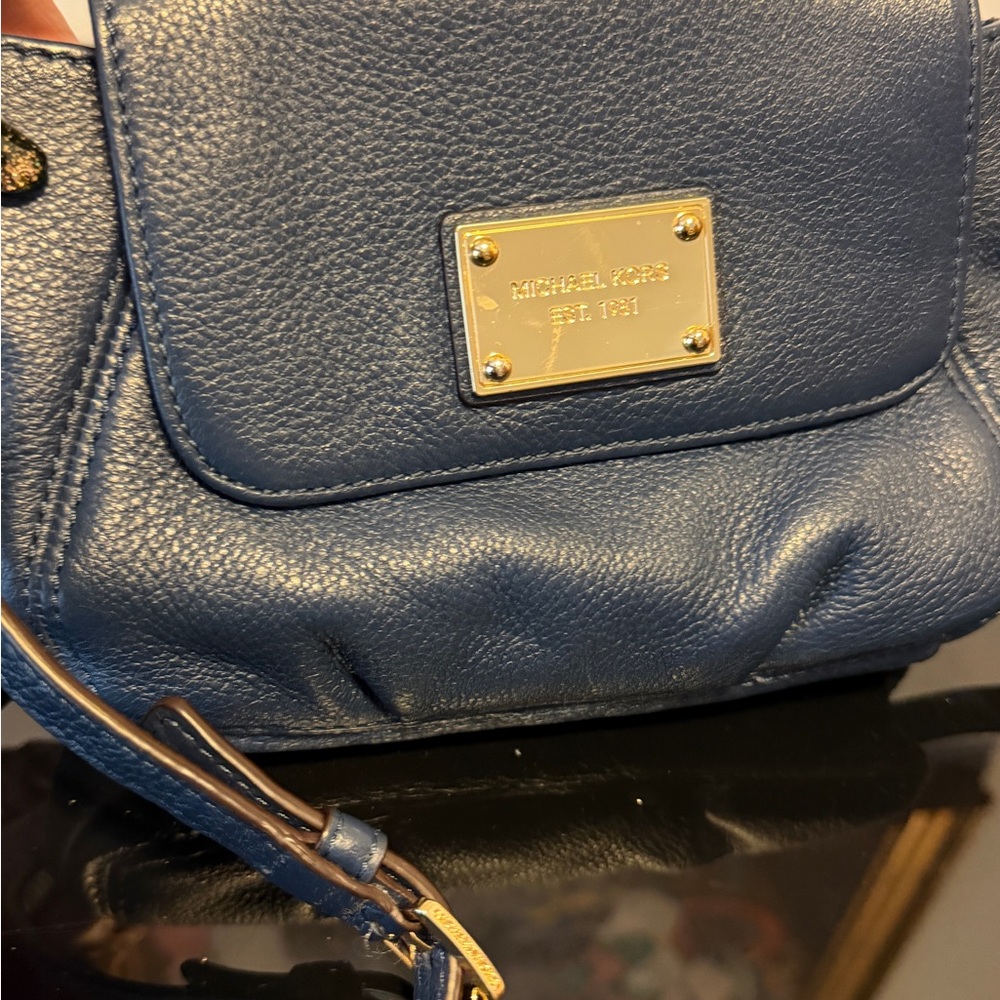 Michael Kors Navy Leather Crossbody with Gold Plaque